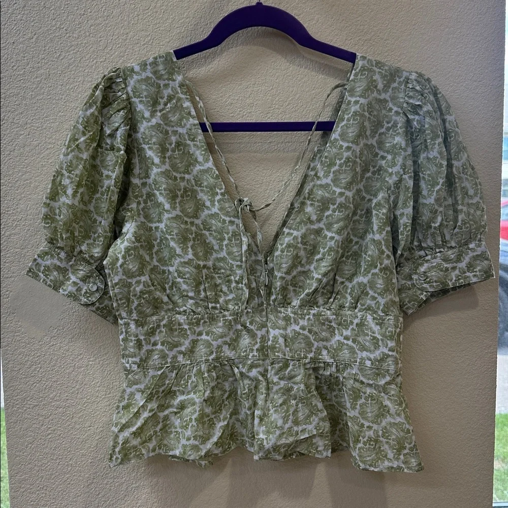 J.Crew Green Floral Peplum Blouse Puff Sleeve Cottagecore Top Size 6